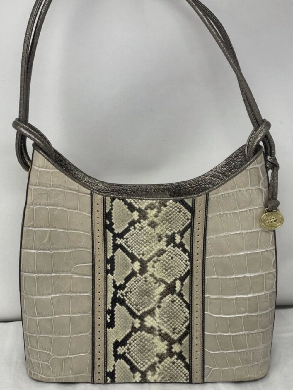 Vintage Brahmin Silver Gray Snake Croc North South Classic Bucket Bag Leather